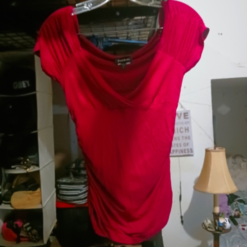 Bebe Red Stretch Plunging V-Neck Top